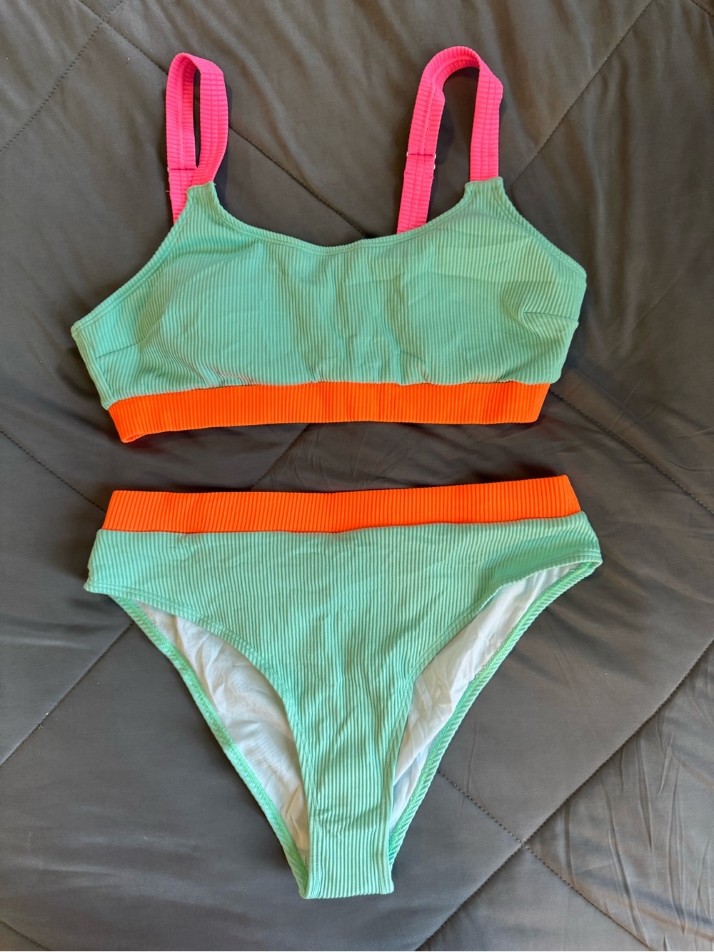 Cupshe Mint Ribbed Bikini with Neon Orange & Hot Pink Straps